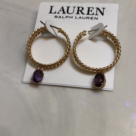 Lauren Ralph Lauren Gold Tone Chain Link Hoop Earrings Purple Crystal Charm NWT - Picture 7 of 12